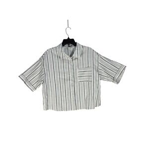 MIXXO Button Down Women M MIWYAE715C Blue/Gray Striped Boxy Short Sleeve EUC